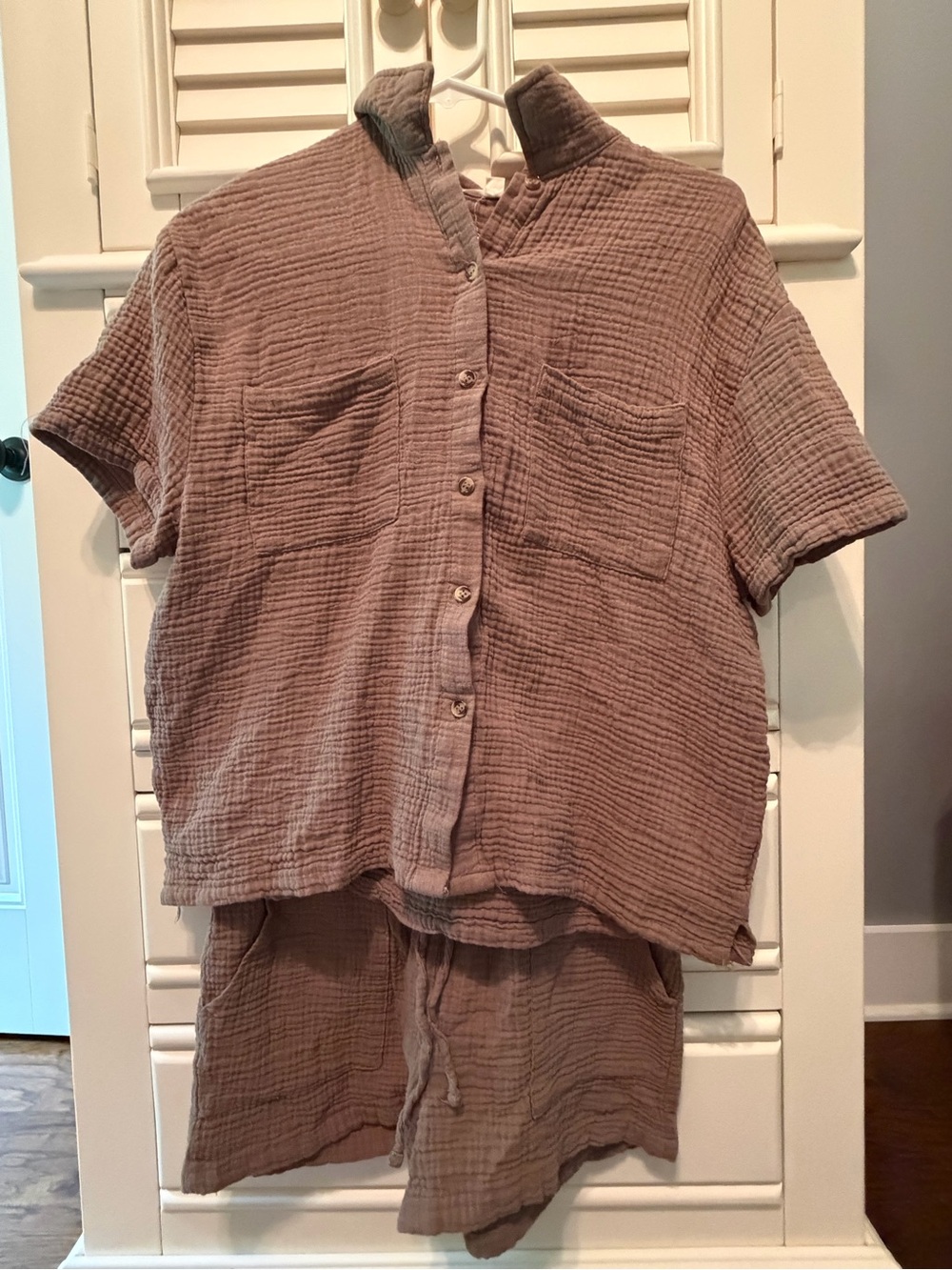 Brown Cotton Gauze Button-Up Top & Drawstring Shorts Set - Picture 2 of 4